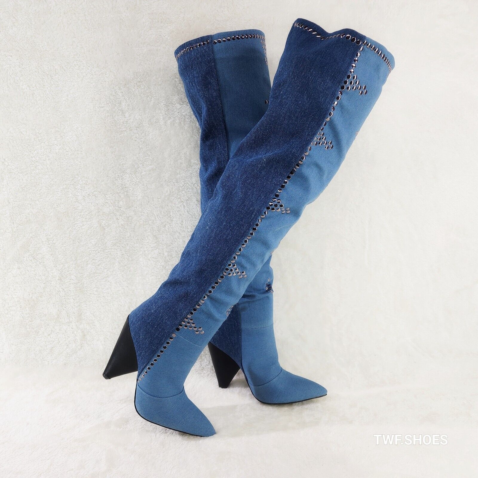 Western Flare Denim Boots Cone Heels Button Studs OTK Pull On Thigh High Boot - Totally Wicked Footwear