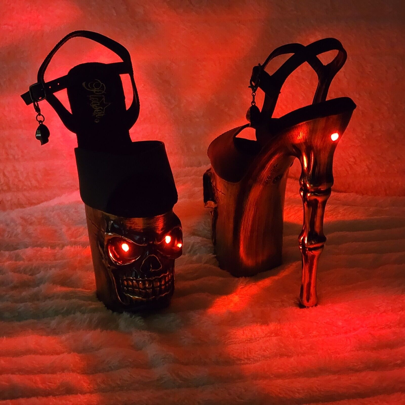 Rapture Silver Pewter Spike Skull & Bones LED 8" High Heel Platform Shoes NY - Totally Wicked Footwear