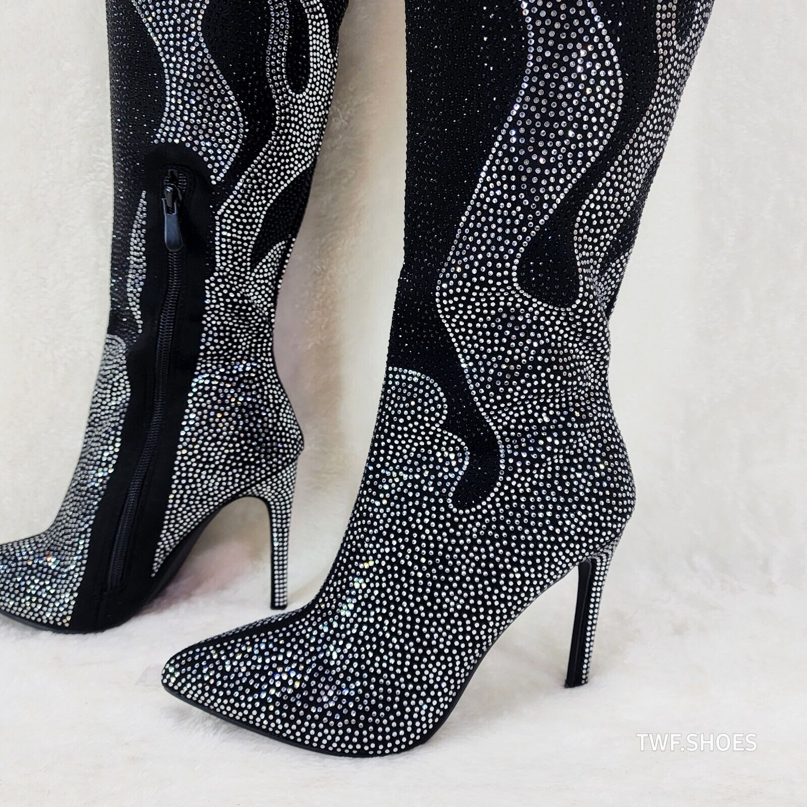 Fiery Desire Black & Silver Rhinestone Flame Detail Sexy OTK Thigh Boots - Totally Wicked Footwear
