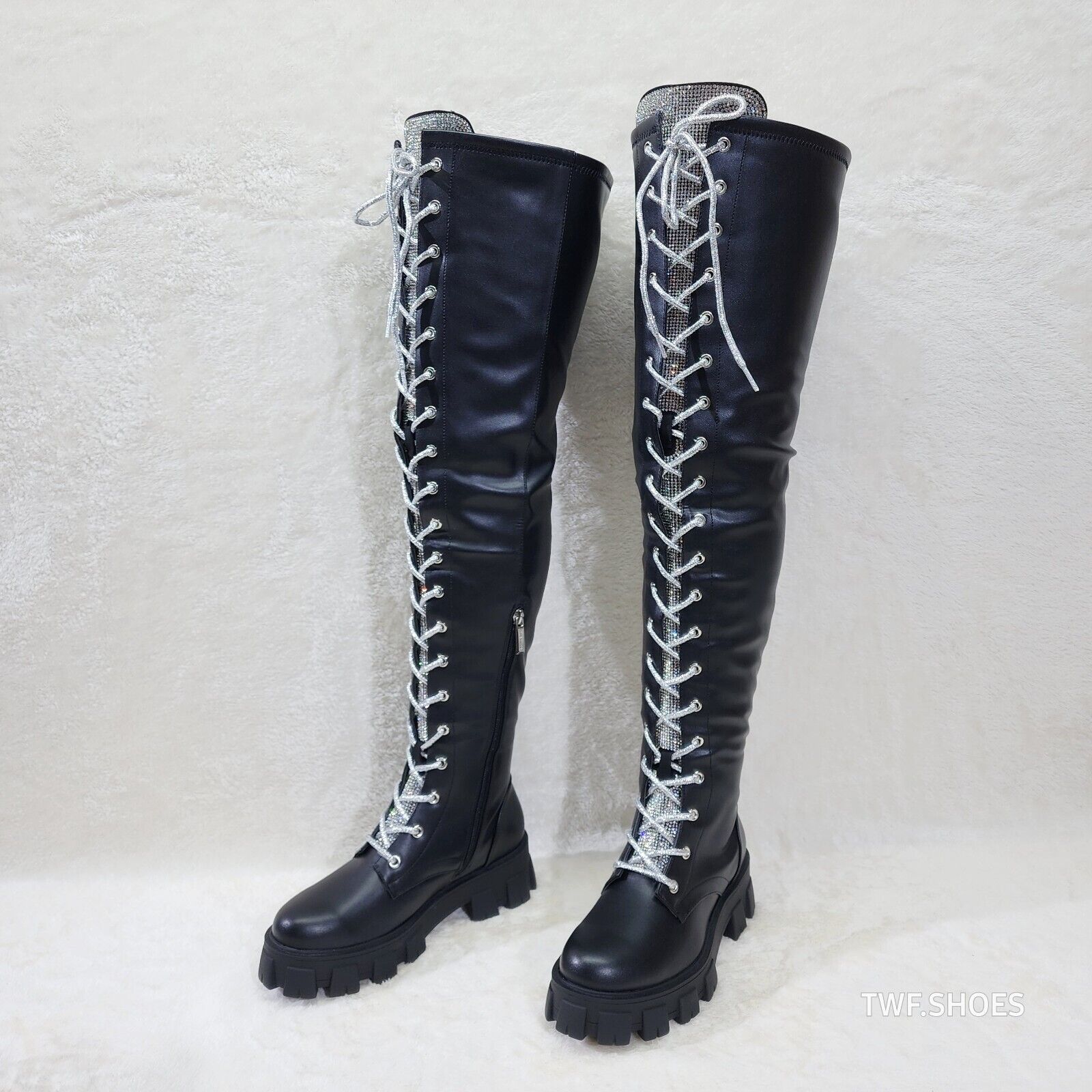 Roscoe Black Combat Thigh High Boots Iridescent Rhinestone Tongue Metallic Laces - Totally Wicked Footwear
