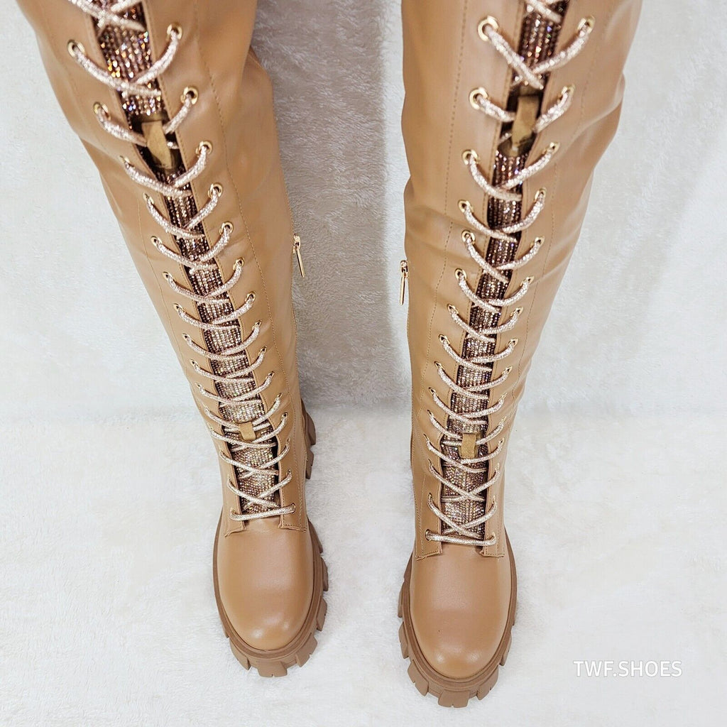 Roscoe Rose Gold Tan Combat Thigh High Boots Rose Gold Rhinestone Tongue - Totally Wicked Footwear