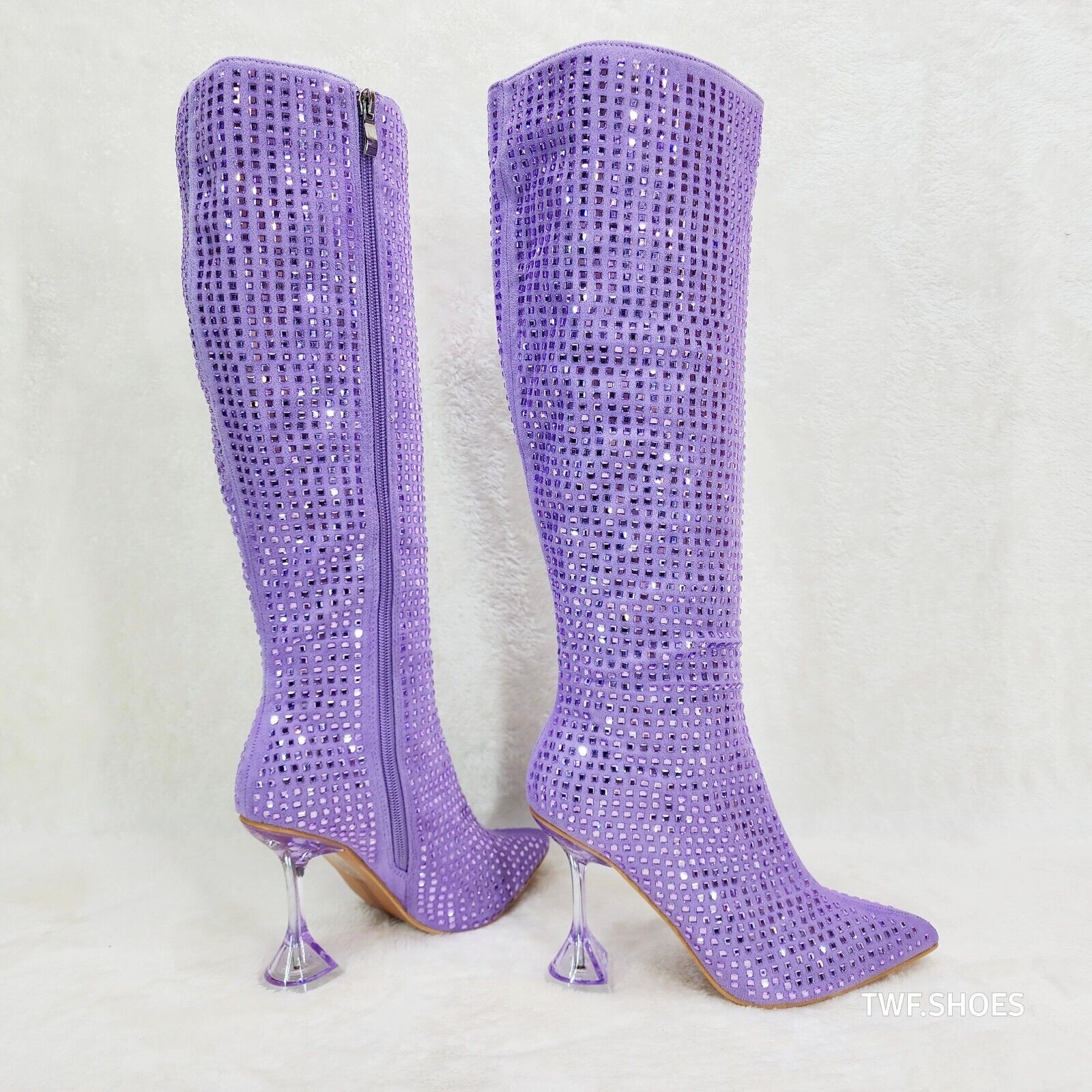 Glamour Shot Mirrored Rhinestone Tinted 4" Pyramid Heel Knee Boots Lilac Purple - Totally Wicked Footwear