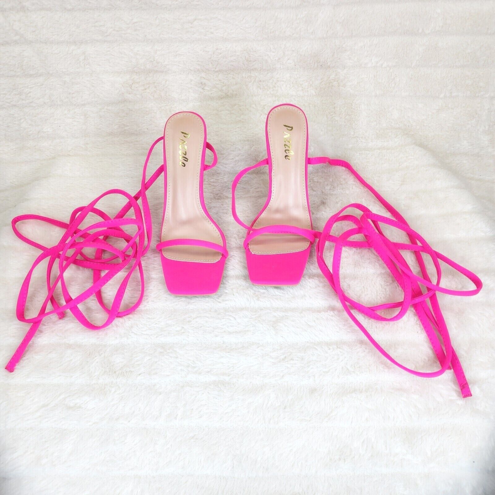 Chica Bright Neon Pink Sateen Long Lace Strappy Tie Up High Heel Sandal - Totally Wicked Footwear