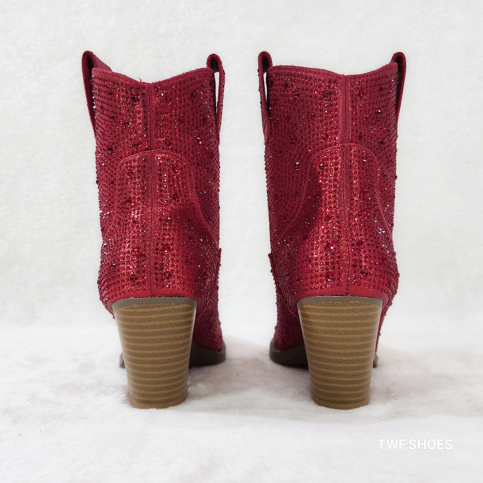 Dolly Red Rhinestone Glitter Disco Cowgirl Country Glam Western Ankle Boots