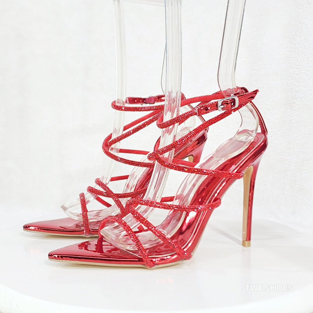 Party Town Red Metallic Strappy Rhinestone Pointy Toe High Heels