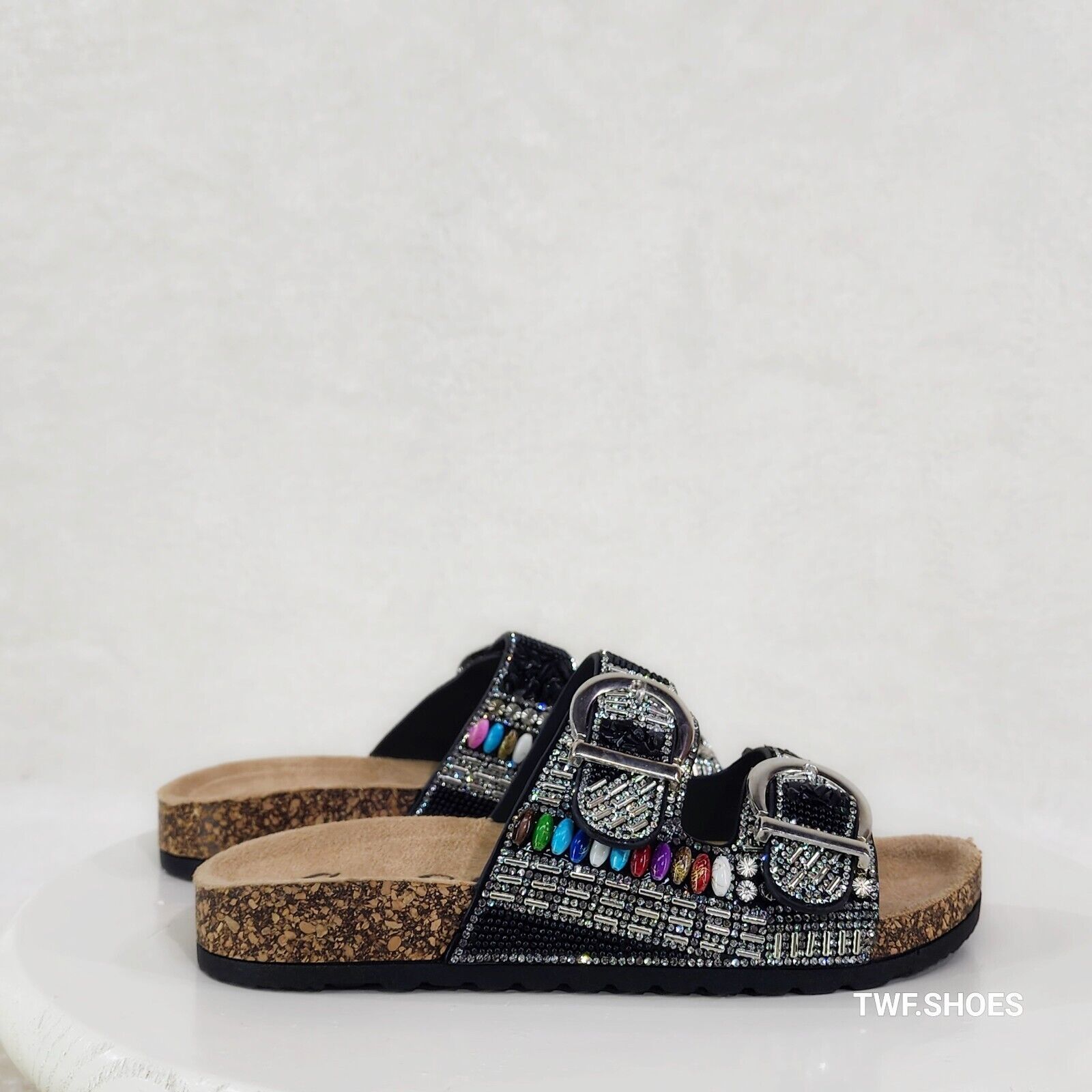 Zany Double Buckle Strap Rhinestone Beaded Slip on Mule Sandals - Totally Wicked Footwear