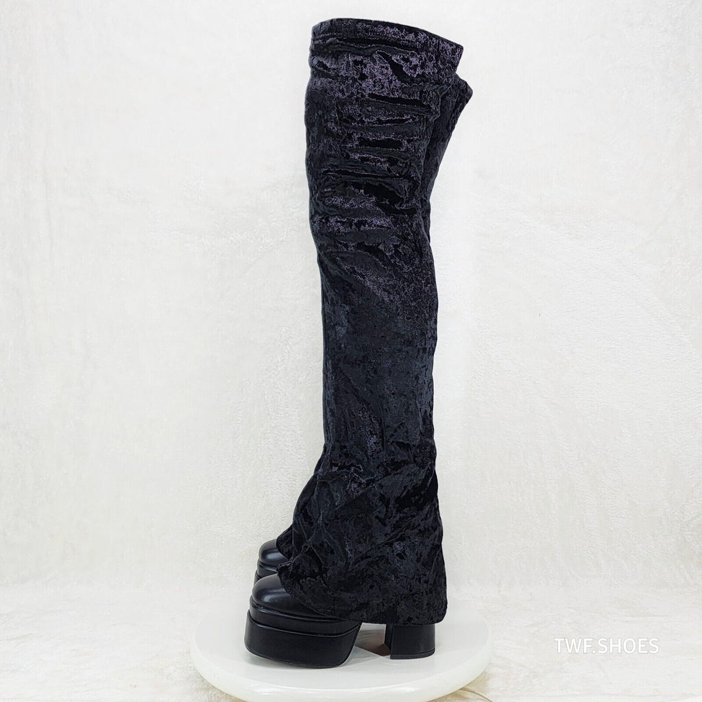 Unique Thigh High Black Velvet Fold over Skirted Chunky Heel Platform Boots - Totally Wicked Footwear