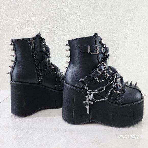 Demonia Kera Goth Platform Wedge Ankle Boots With Chain Charms & Pentagram - Totally Wicked Footwear