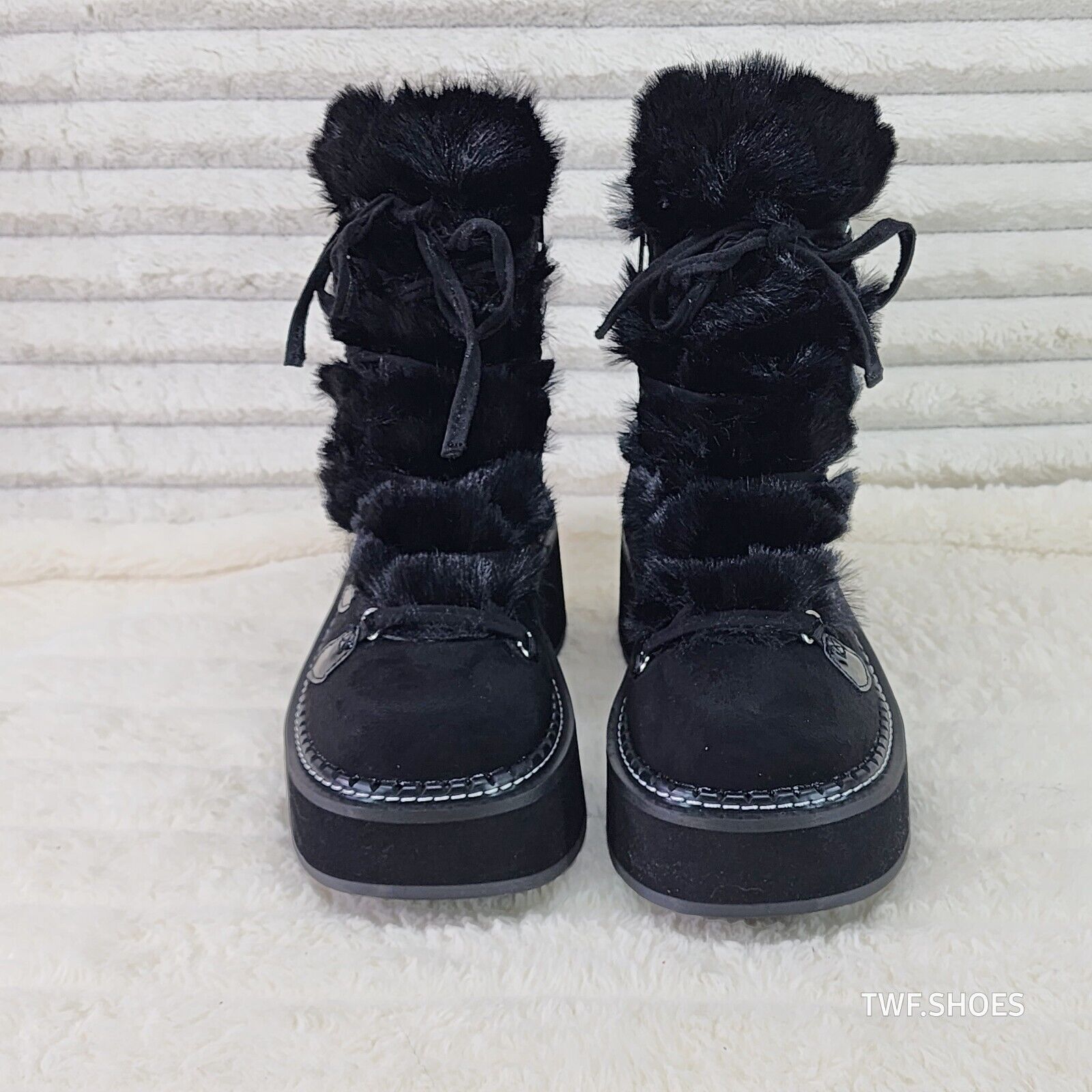 Emily Black Furry Heart Chain Goth 2" Platform Ankle Boots 55 Faux Fur - Totally Wicked Footwear