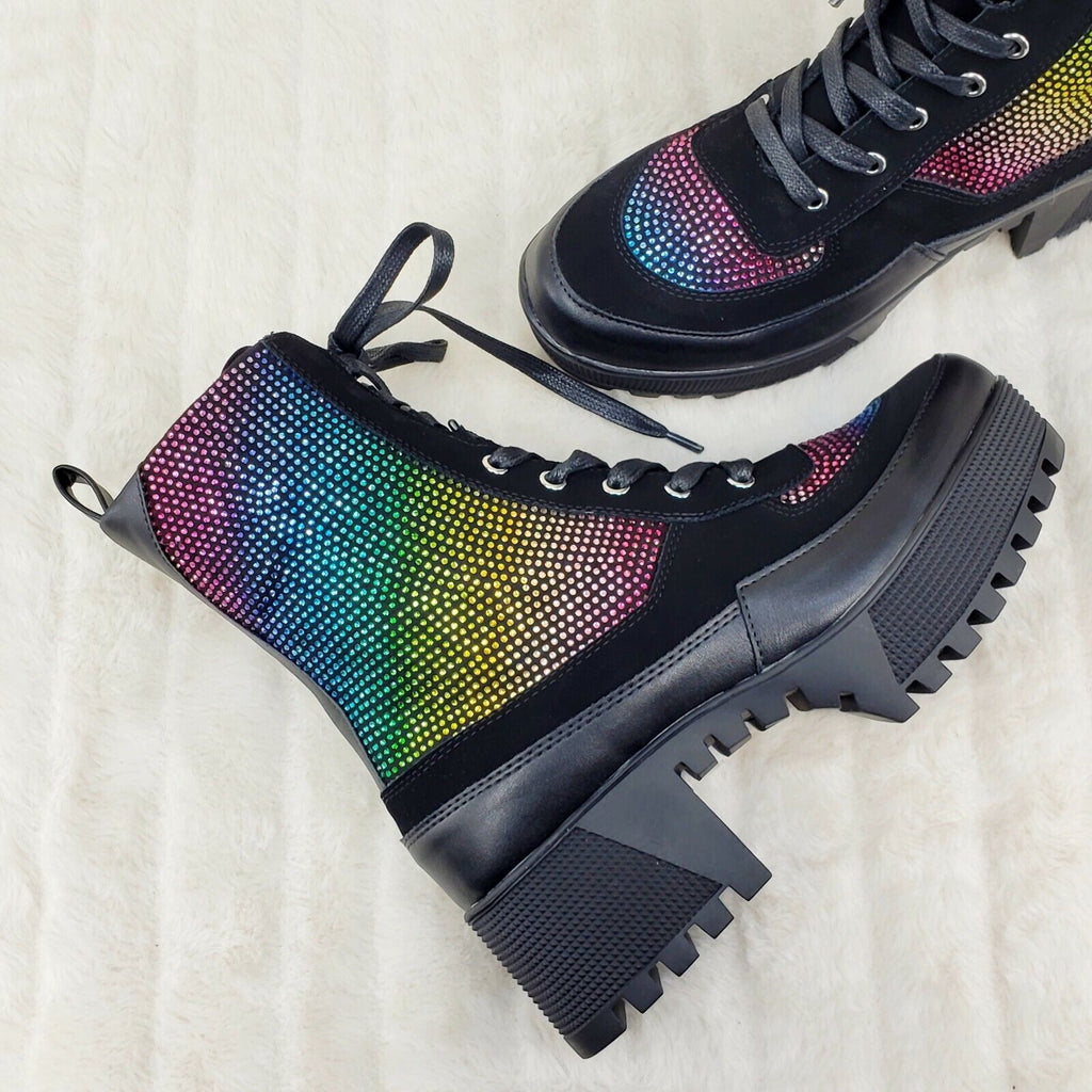 Queen Pin 2 Rainbow Rhinestone Lace Up Platform Combat Ankle Boots Restocked - Totally Wicked Footwear