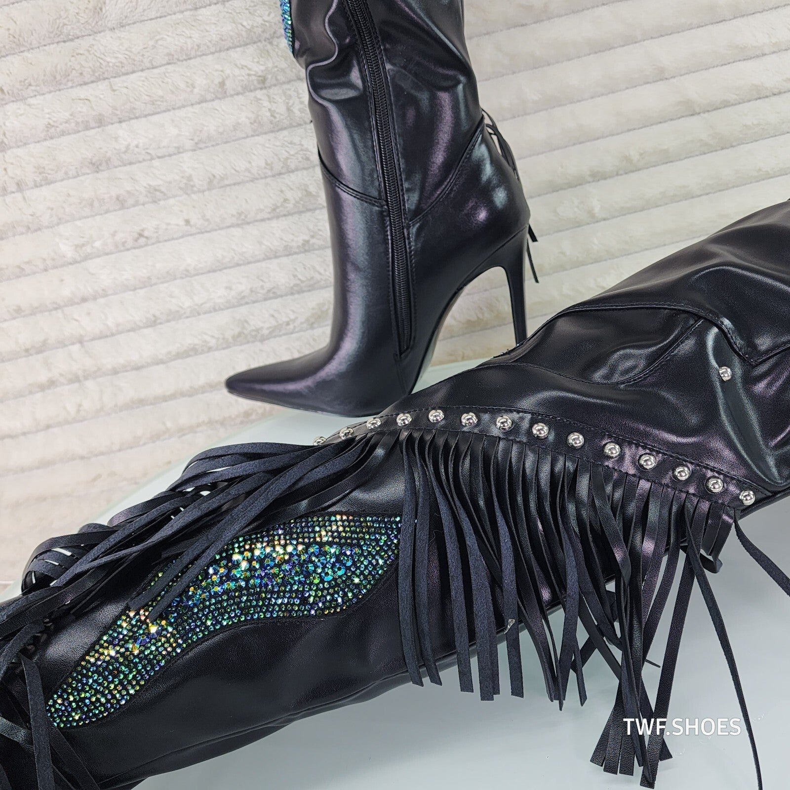 Frenzy Black Fringe Rhinestone Over The Knee Thigh Boots Azalea Wang