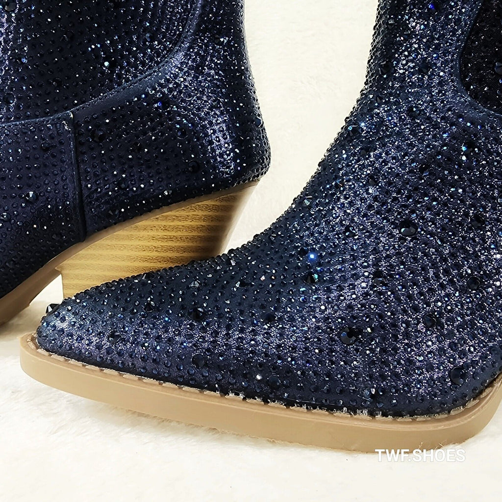 Dolly Navy Blue Rhinestone Glitter Cowgirl Country Glam Western Ankle Boots - Totally Wicked Footwear