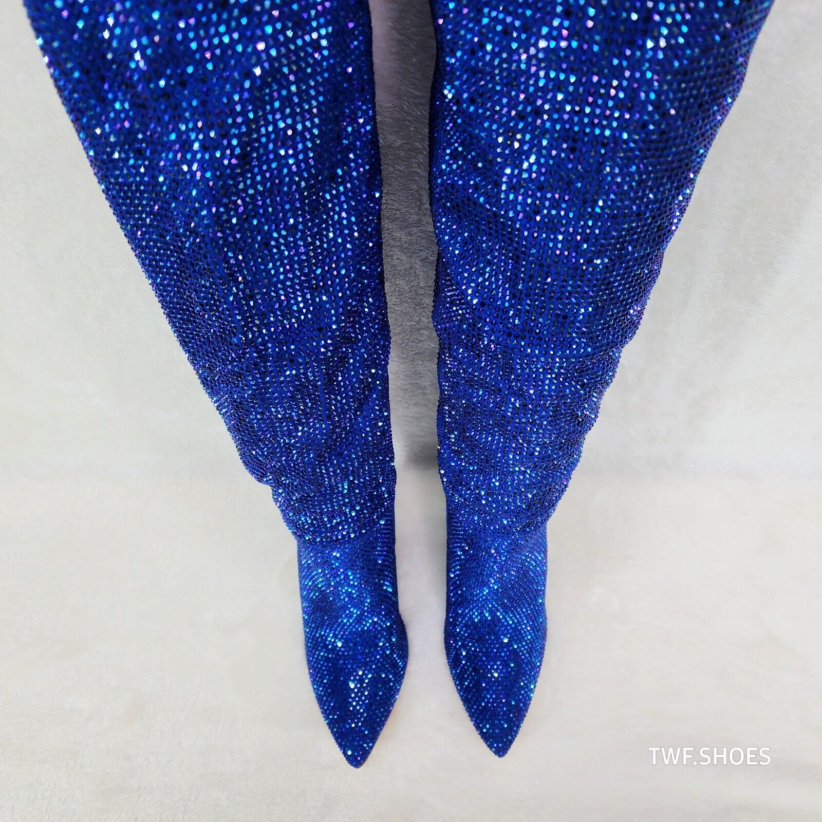 Vegas Blue Rhinestone Over the Knee Thigh boots 4.25" Heels Party Boots - Totally Wicked Footwear