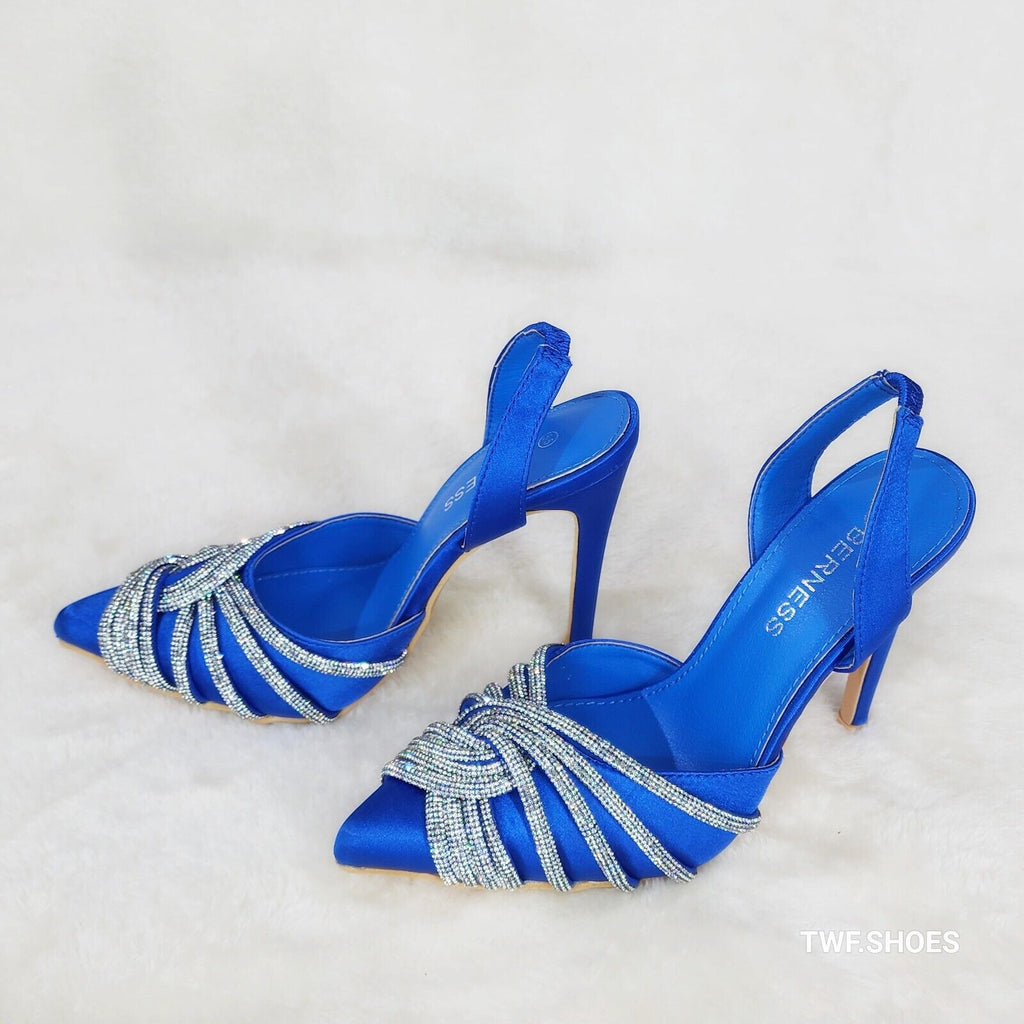 Elegance Slip on Slingback Blue Satin Rhinestone Pointy Toe High Heels Shoes