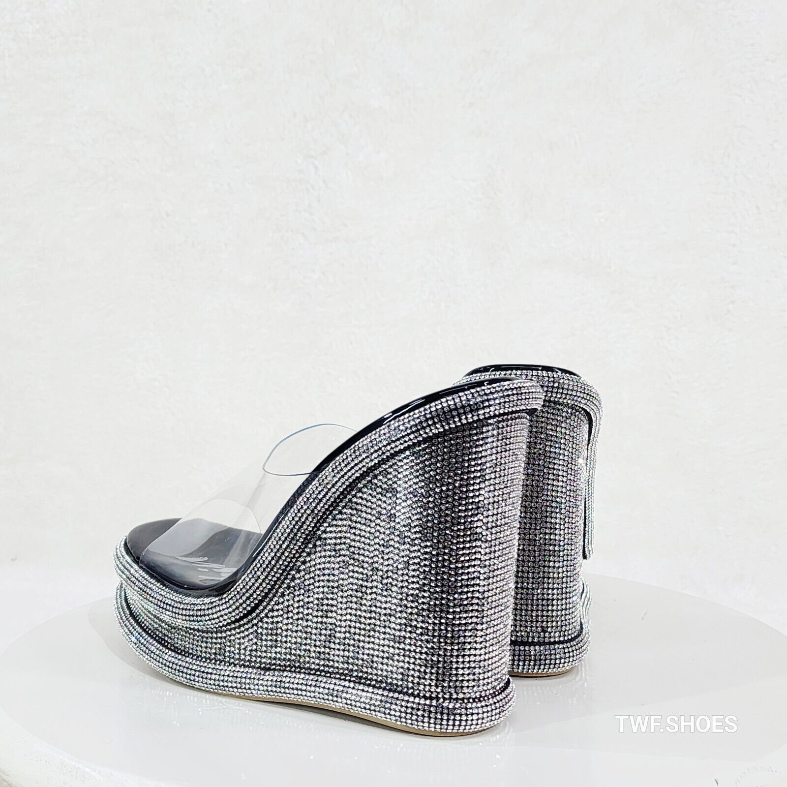 Zesty Black Silver Rhinestone Platform Wedge Heel Slip On Sandals - Totally Wicked Footwear