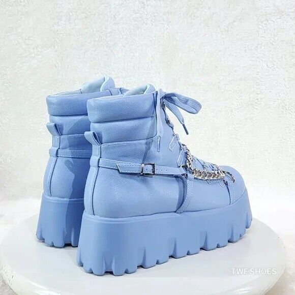 Emo Stomp 2" Platform Stomper Ankle Boots With Chain Design Baby Blue