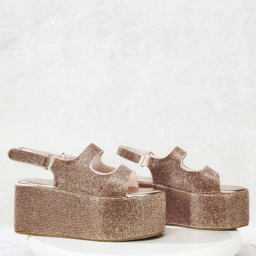 Oh Yeah Rose Gold 3" Platform Sparkling Rhinestone Flatform Slingback Sandals - Totally Wicked Footwear