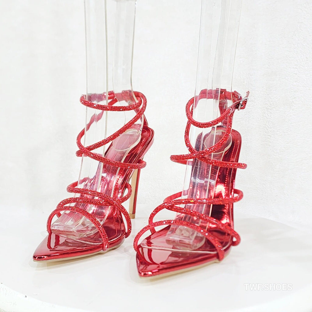 Party Town Red Metallic Strappy Rhinestone Pointy Toe High Heels