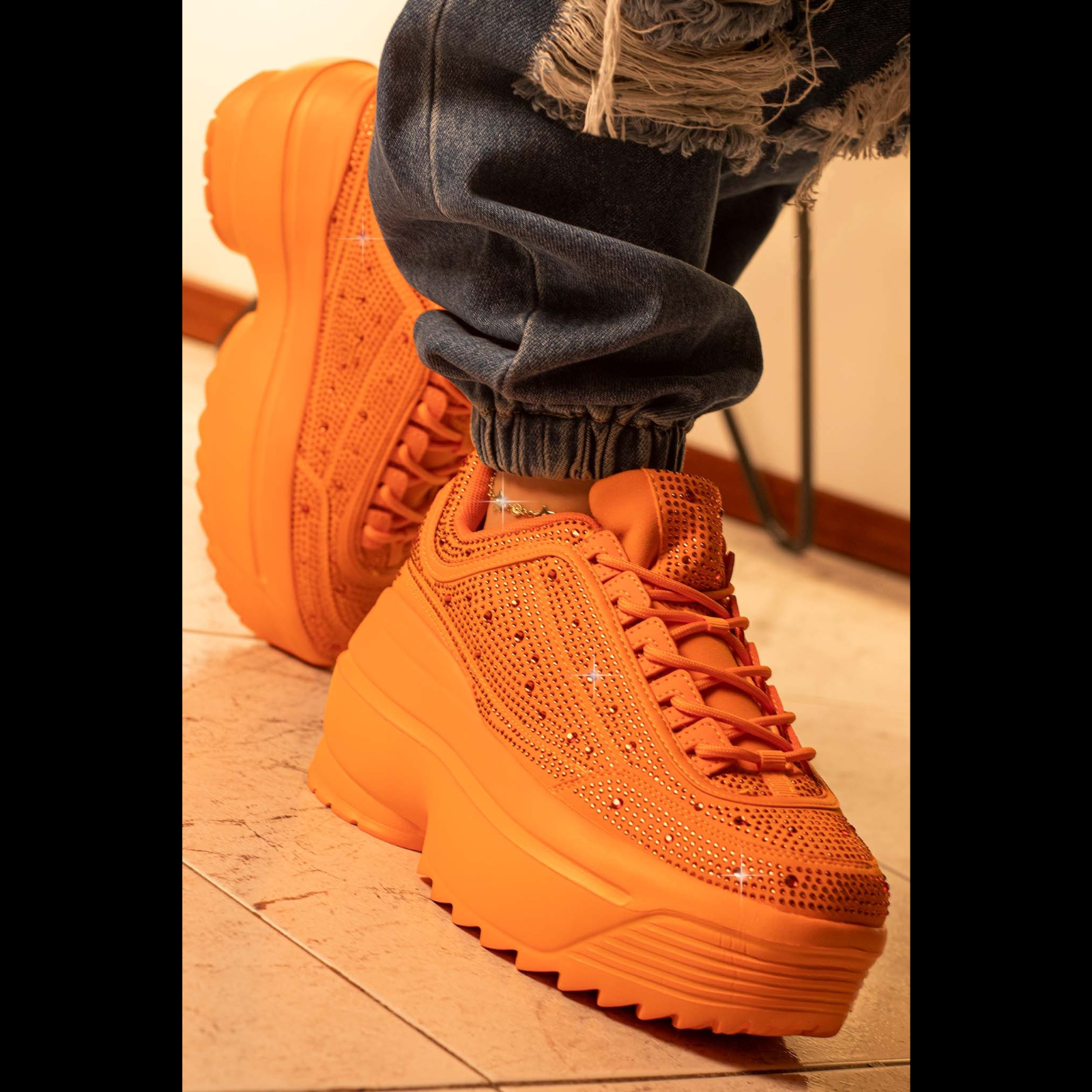 Cush Baby 2 Orange Rhinestone Platform Sneakers - Totally Wicked Footwear