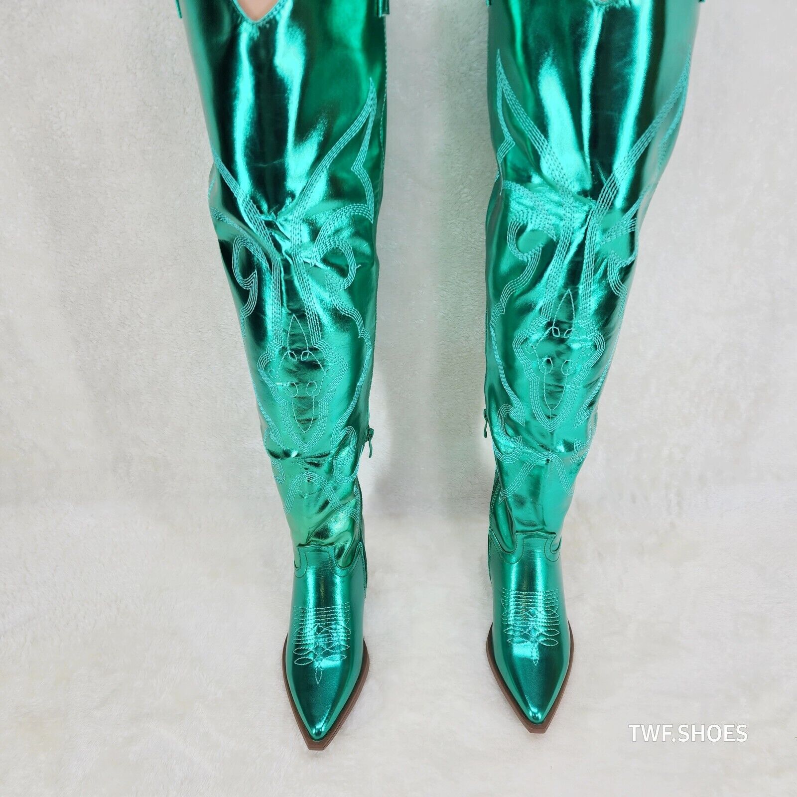 Country Disco Cowboy Metallic Green Western Cowgirl OTK Thigh Boots - Totally Wicked Footwear