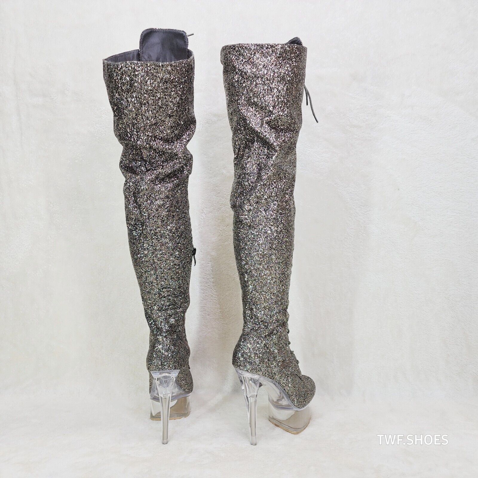 Bulls Silver Glitter Over the Knee Clear Platform High Heel Thigh Boot - Totally Wicked Footwear