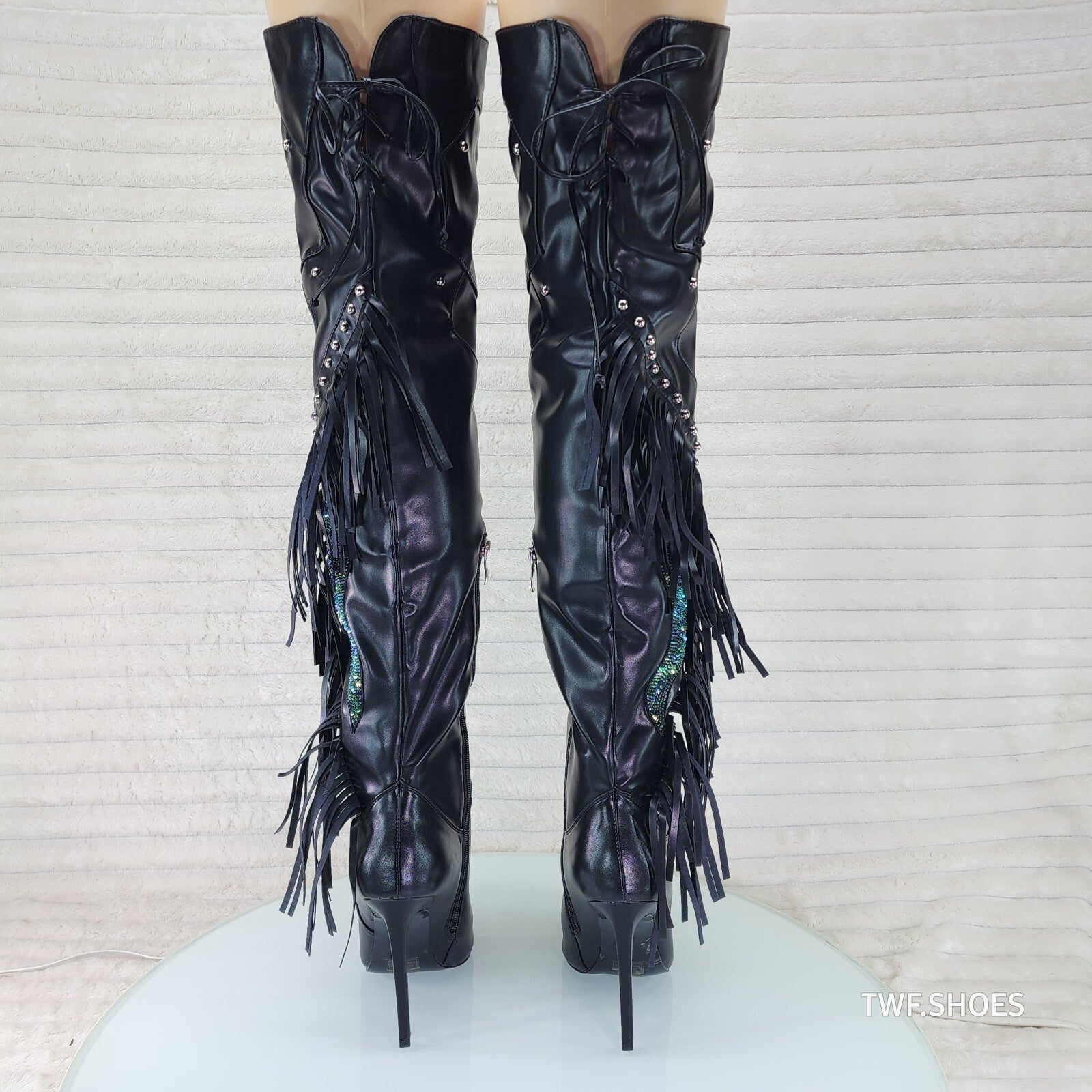 Frenzy Black Fringe Rhinestone Over The Knee Thigh Boots Azalea Wang
