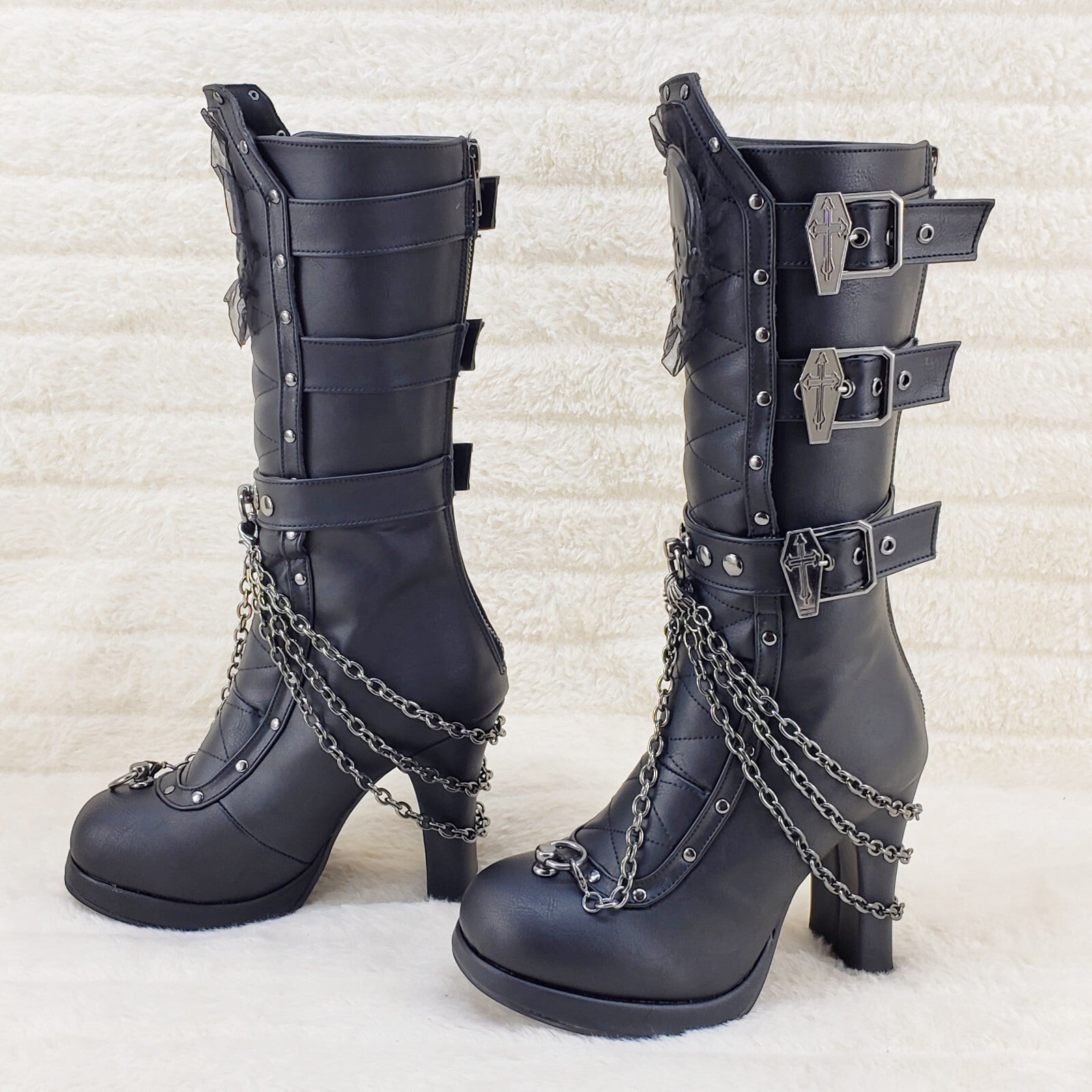 Crypto 67 Coffin Skull & Chain Black Mid Calf Platform Heel Gothic Boots NY