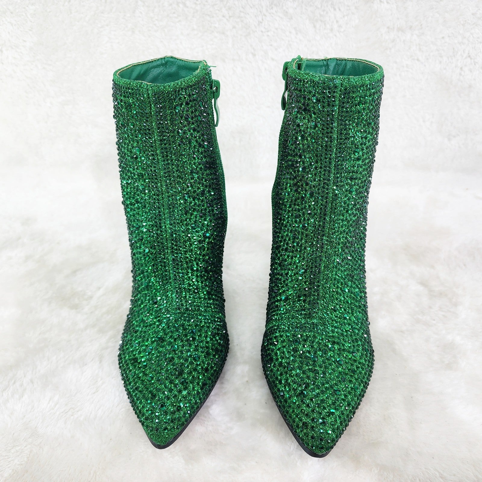Crystel Emerald Green Rhinestone Block Heel Ankle Boots