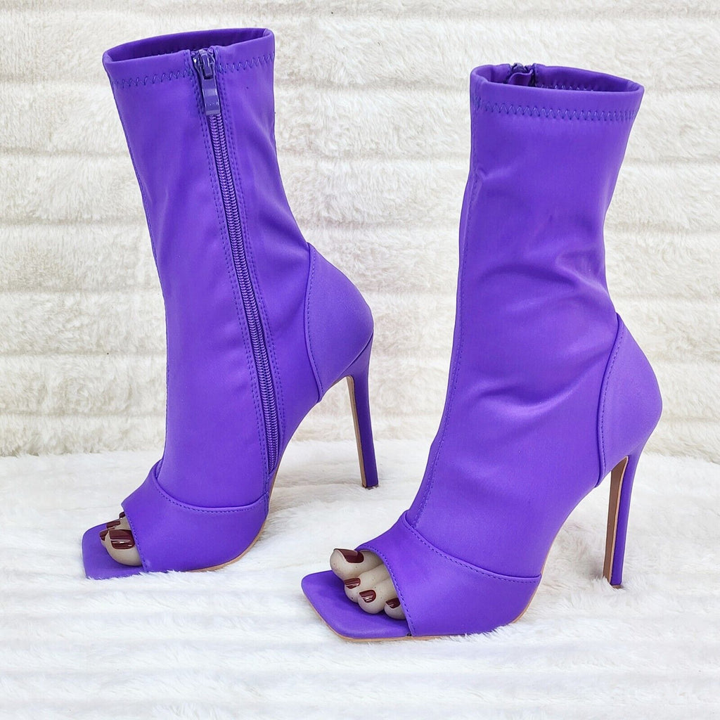 Bold Purple Stretch Square Open Toe High Heel Ankle Boots - Totally Wicked Footwear