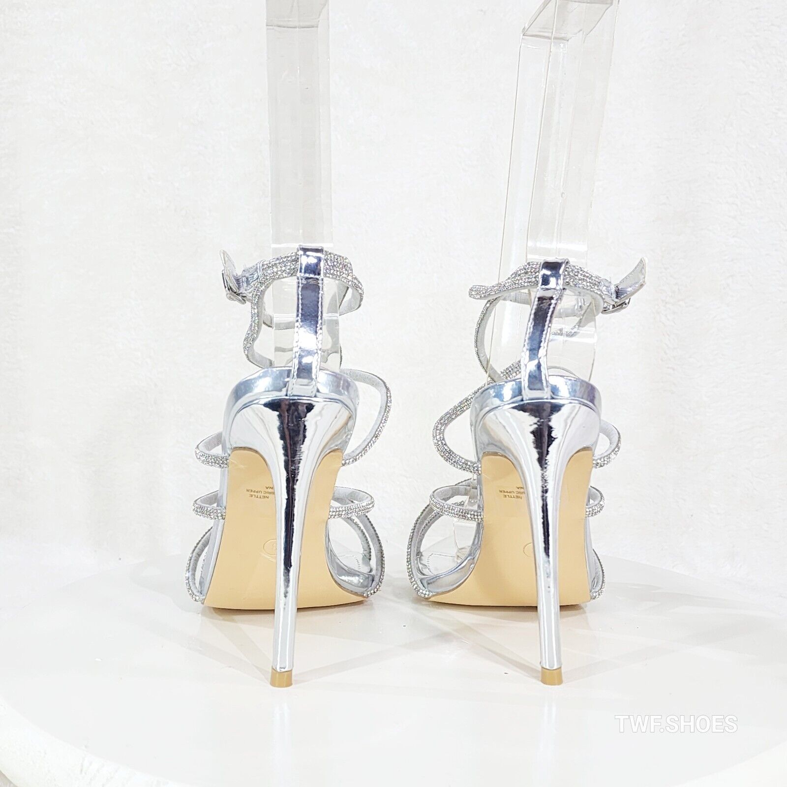 Party Town Silver Metallic Strappy Rhinestone Pointy Toe High Heels - Totally Wicked Footwear