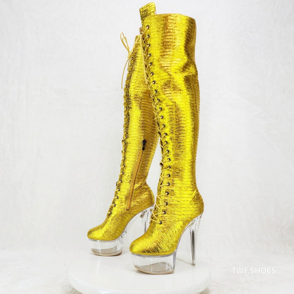 Bulls Metallic Yellow Gold OTK Clear Platform High Heel Thigh Boots - Totally Wicked Footwear