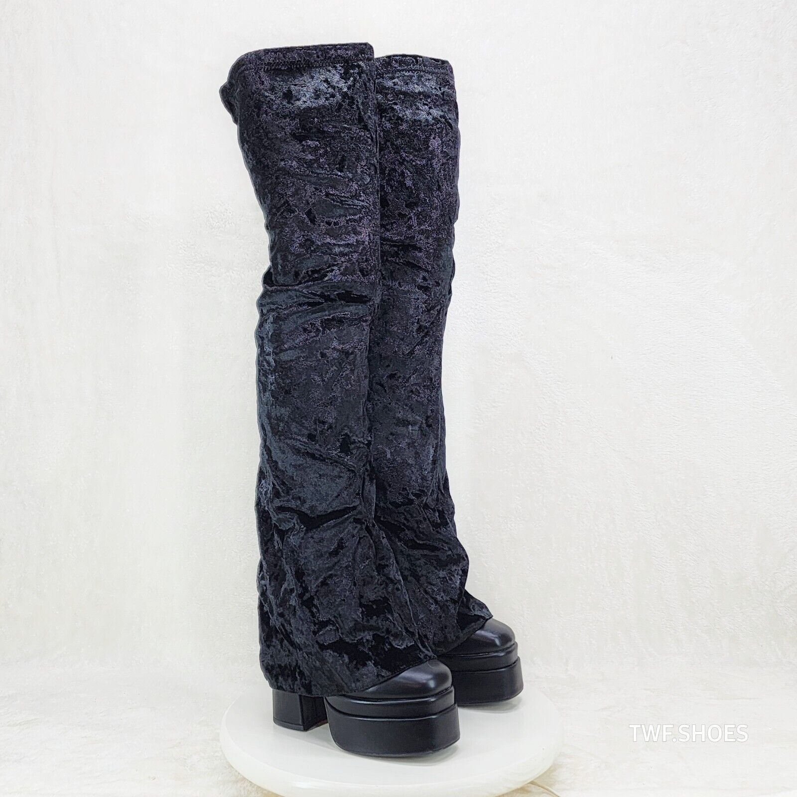 Unique Thigh High Black Velvet Fold over Skirted Chunky Heel Platform Boots - Totally Wicked Footwear