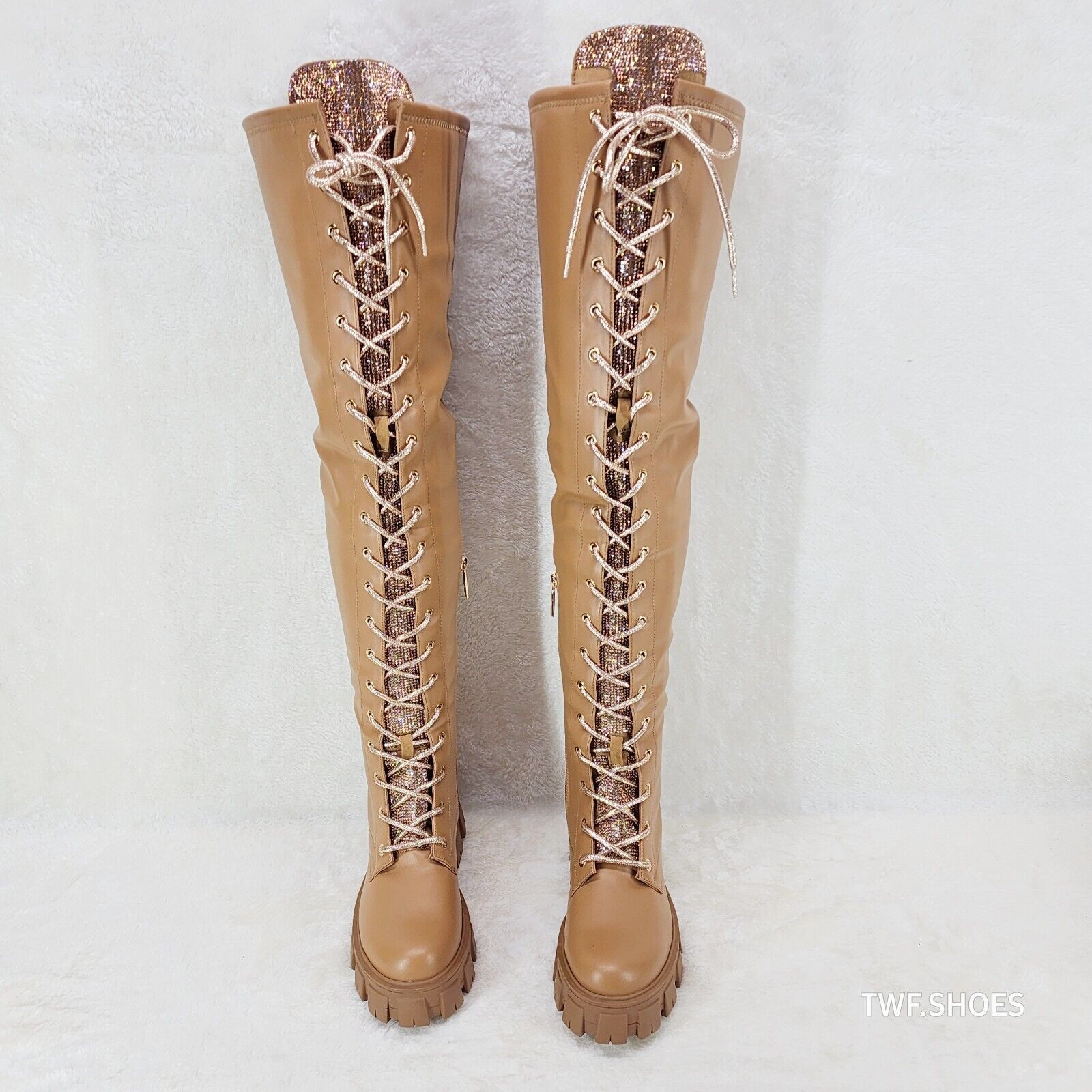Roscoe Rose Gold Tan Combat Thigh High Boots Rose Gold Rhinestone Tongue - Totally Wicked Footwear
