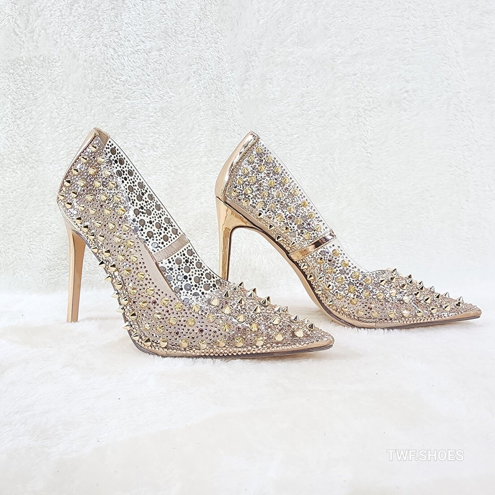 Spicy Stiletto PVC Clear Pumps Rose Gold Studs & Rhinestone Pumps Stiletto Heels - Totally Wicked Footwear