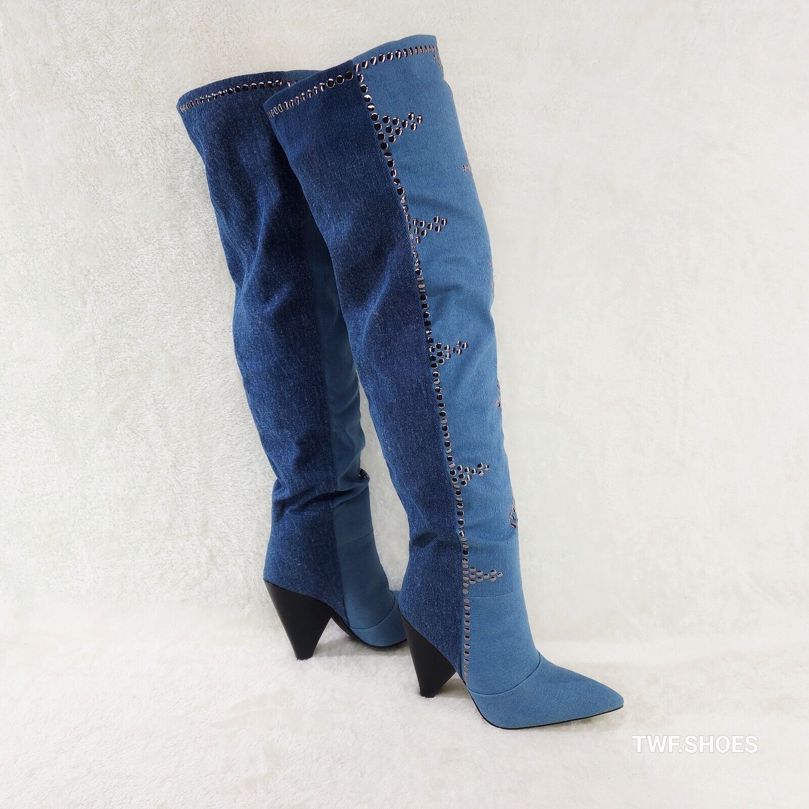 Western Flare Denim Boots Cone Heels Button Studs OTK Pull On Thigh High Boot - Totally Wicked Footwear