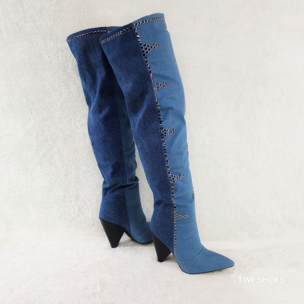 Western Flare Denim Boots Cone Heels Button Studs OTK Pull On Thigh High Boot