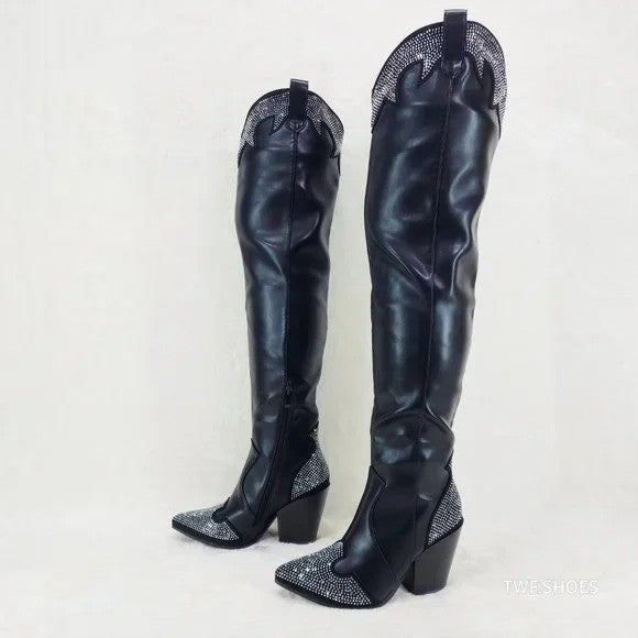 Primal Country Western Sexy Black OTK Thigh Boots With Rhinestone Trims