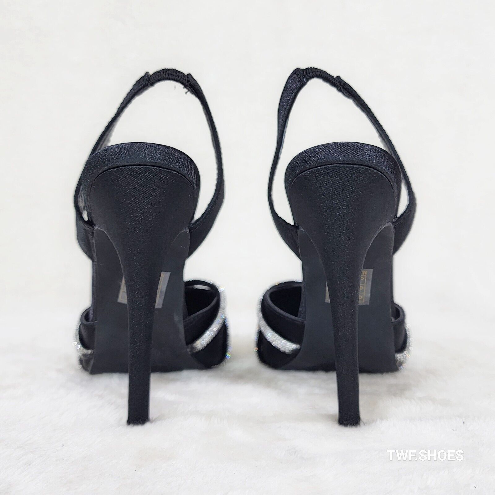 Elegance Slip on Slingback Black Satin Rhinestone Pointy Toe High Heels Shoes - Totally Wicked Footwear