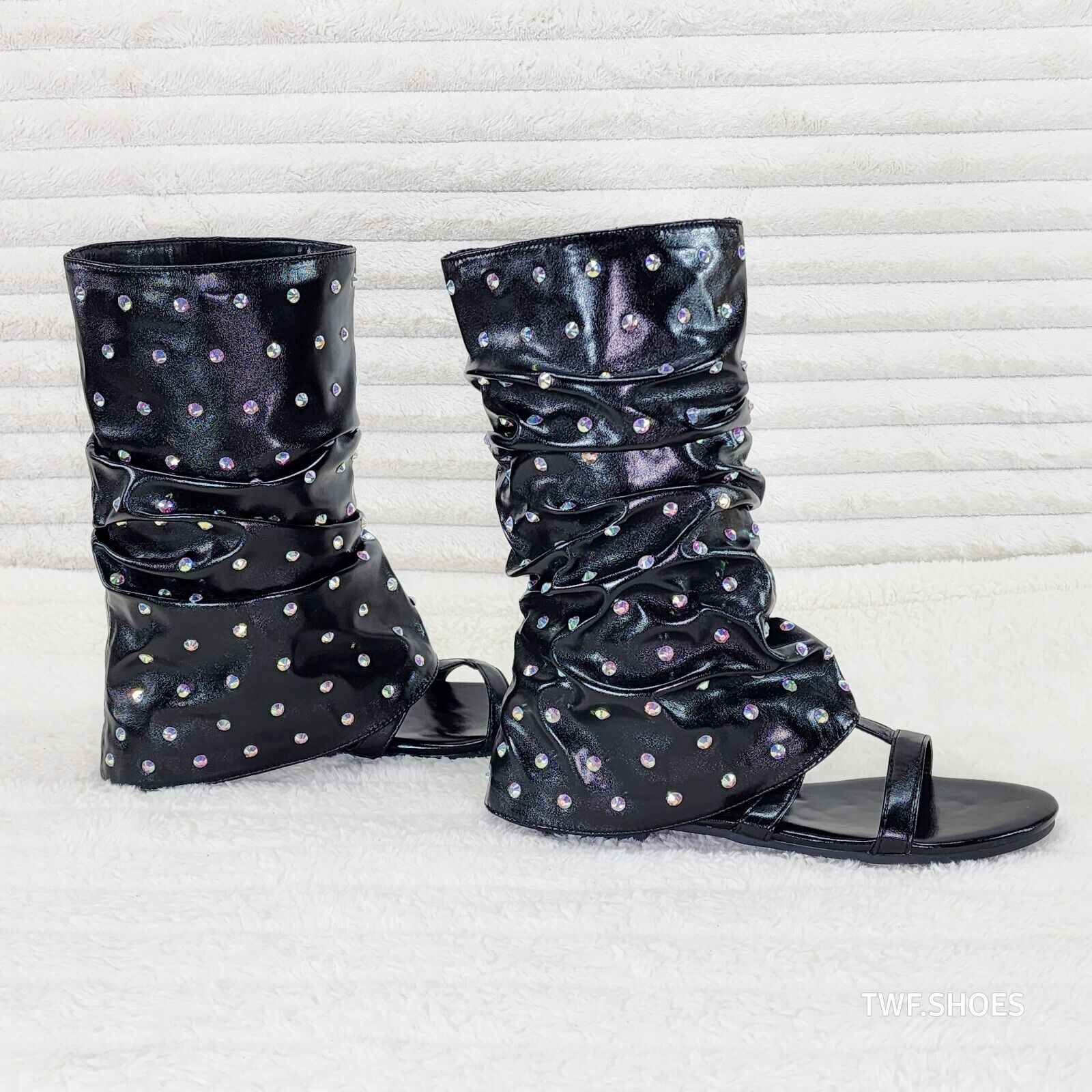 Fabulous Metallic Black Upper & Rhinestones Sandal Slouch Boots Shooties - Totally Wicked Footwear