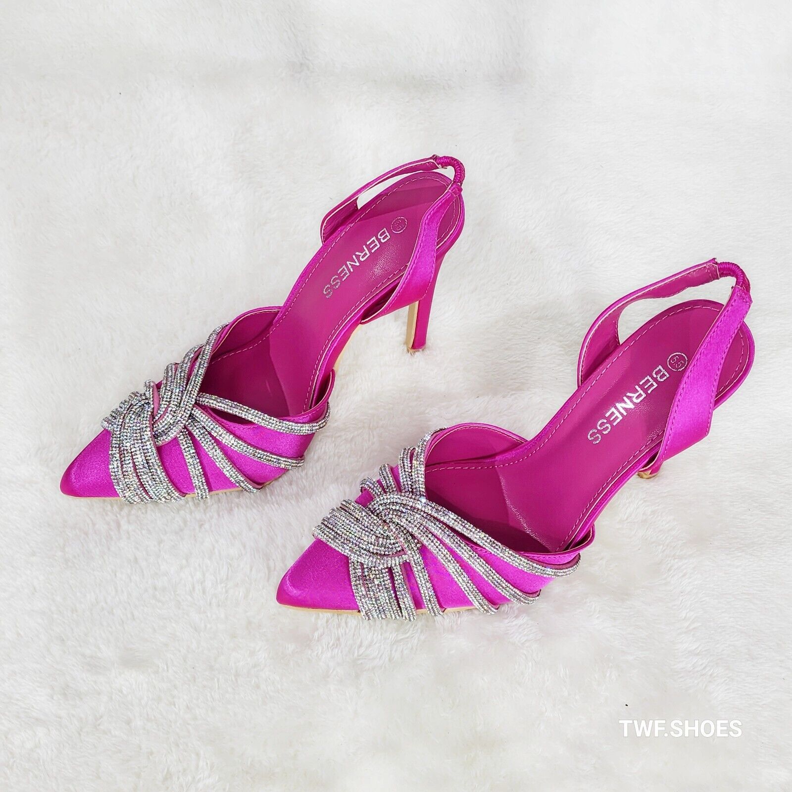 Elegance Slip on Slingback Fuchsia Satin Rhinestone Pointy Toe High Heels Shoes - Totally Wicked Footwear