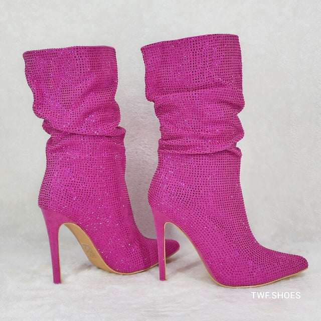 Resolve Sparkling Pink Rhinestone High Heel Slouch Calf Boots New Years Bling - Totally Wicked Footwear