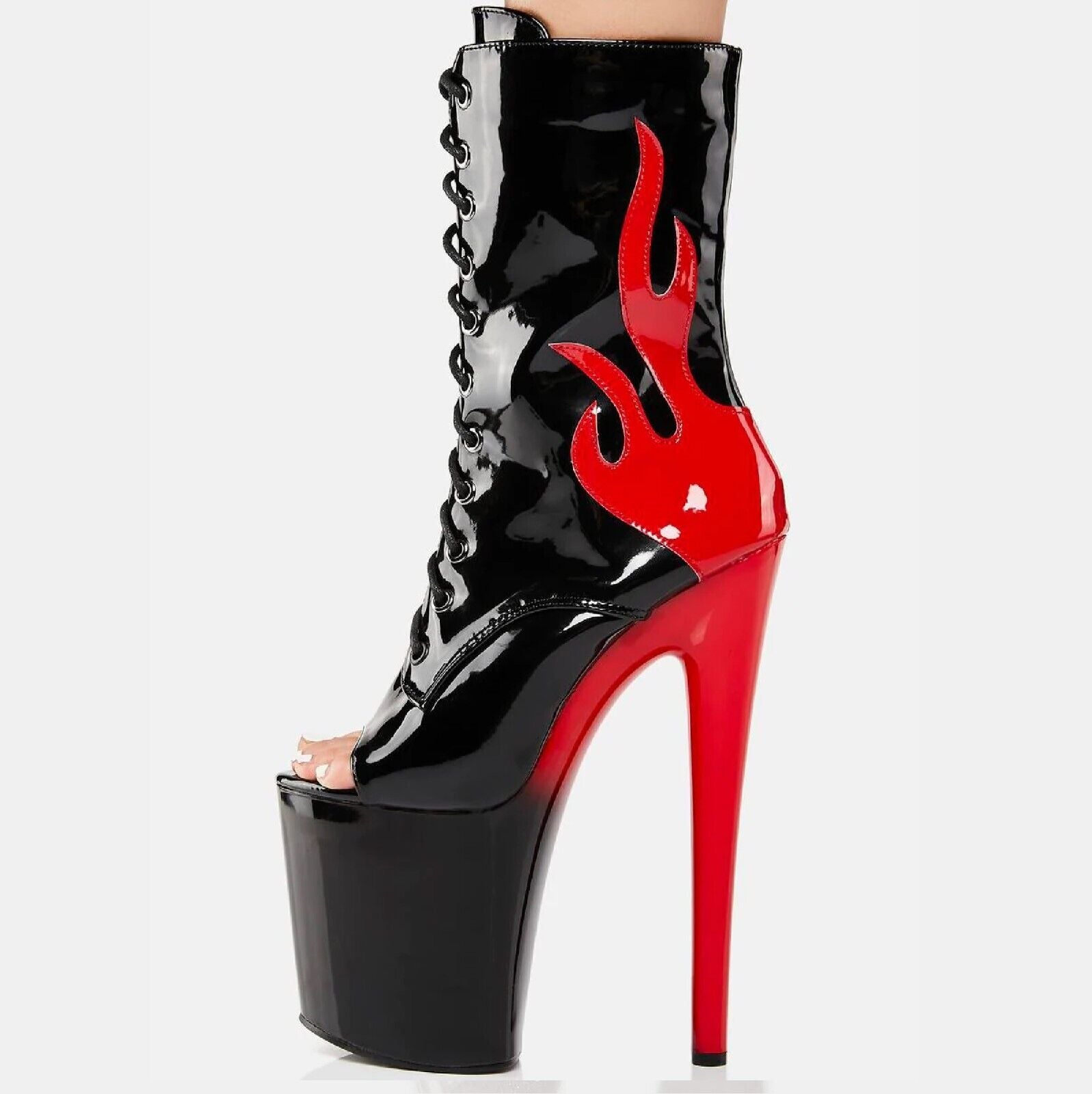 Bulls Black Patent Open Toe Red Flame Platform High Heel Mid Calf Boots - Totally Wicked Footwear