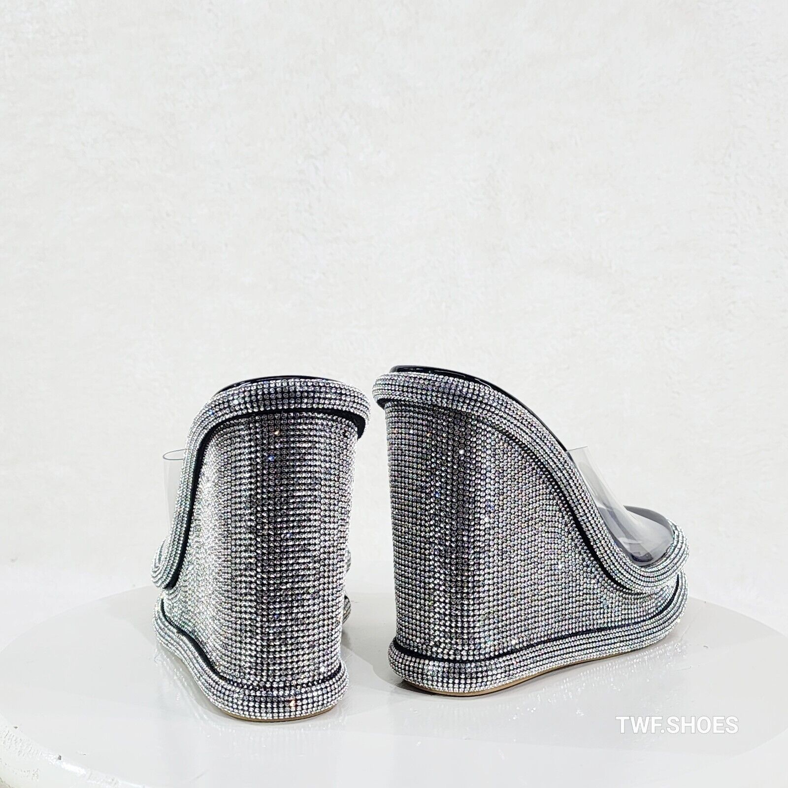 Zesty Black Silver Rhinestone Platform Wedge Heel Slip On Sandals - Totally Wicked Footwear