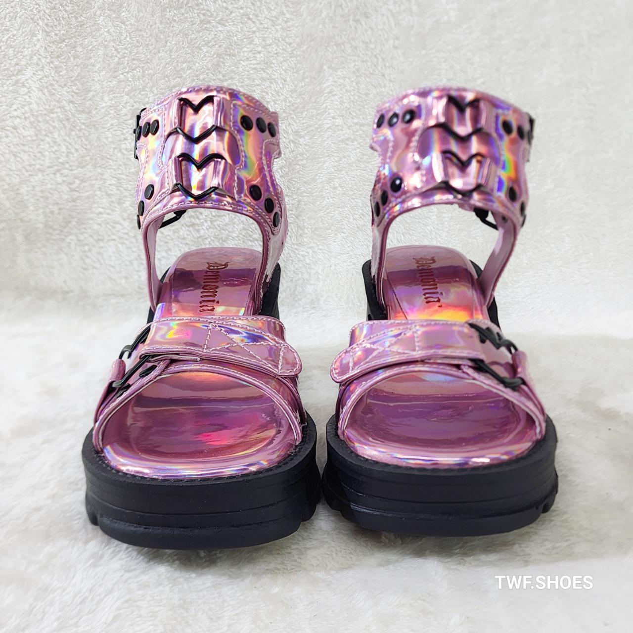 Bratty Pink Hologram Block Heel Goth Punk Platform Sandals In House NY DEMONIA - Totally Wicked Footwear