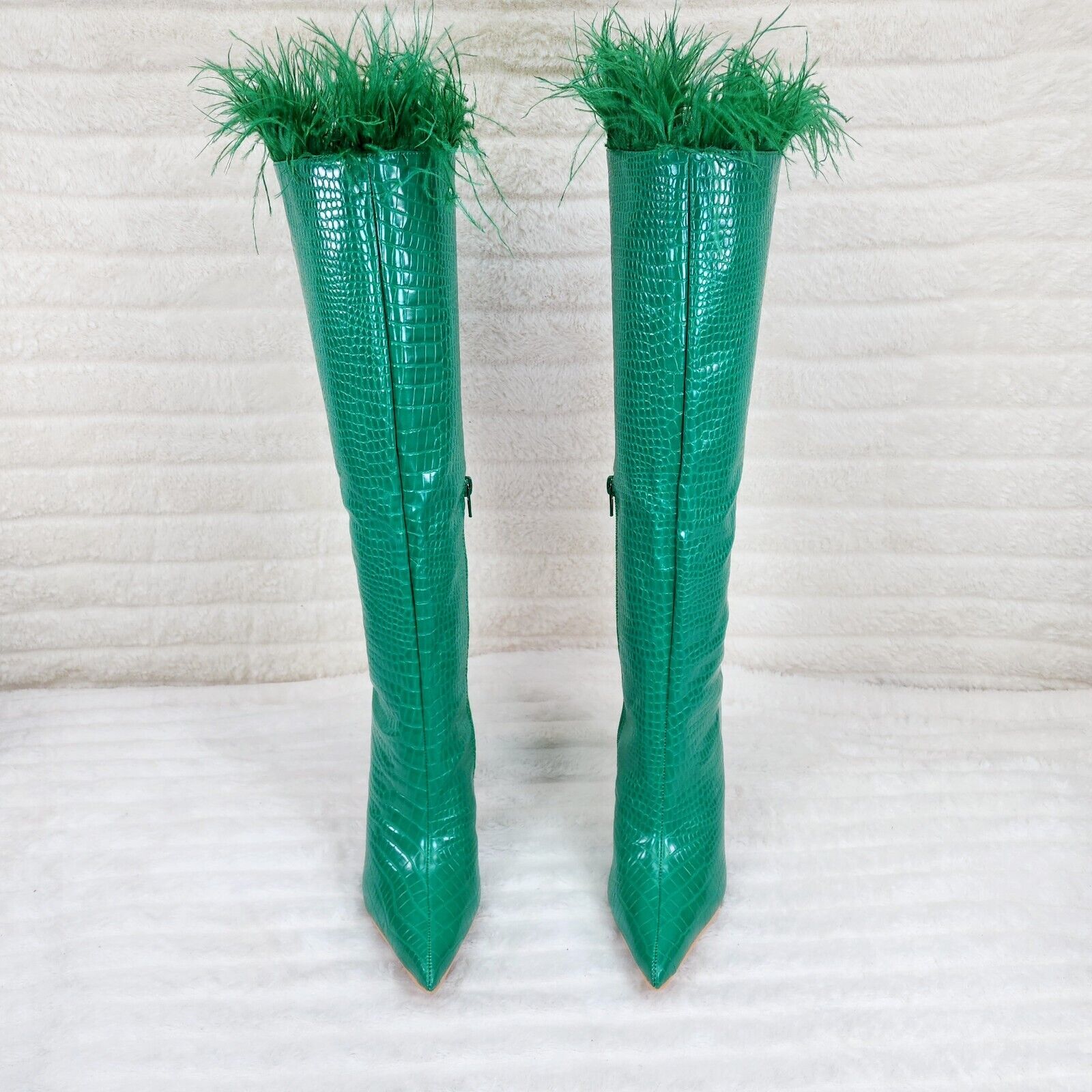 Flirty Green Snake Texture Knee High Heel Stiletto Boots Sexy Feather Top - Totally Wicked Footwear