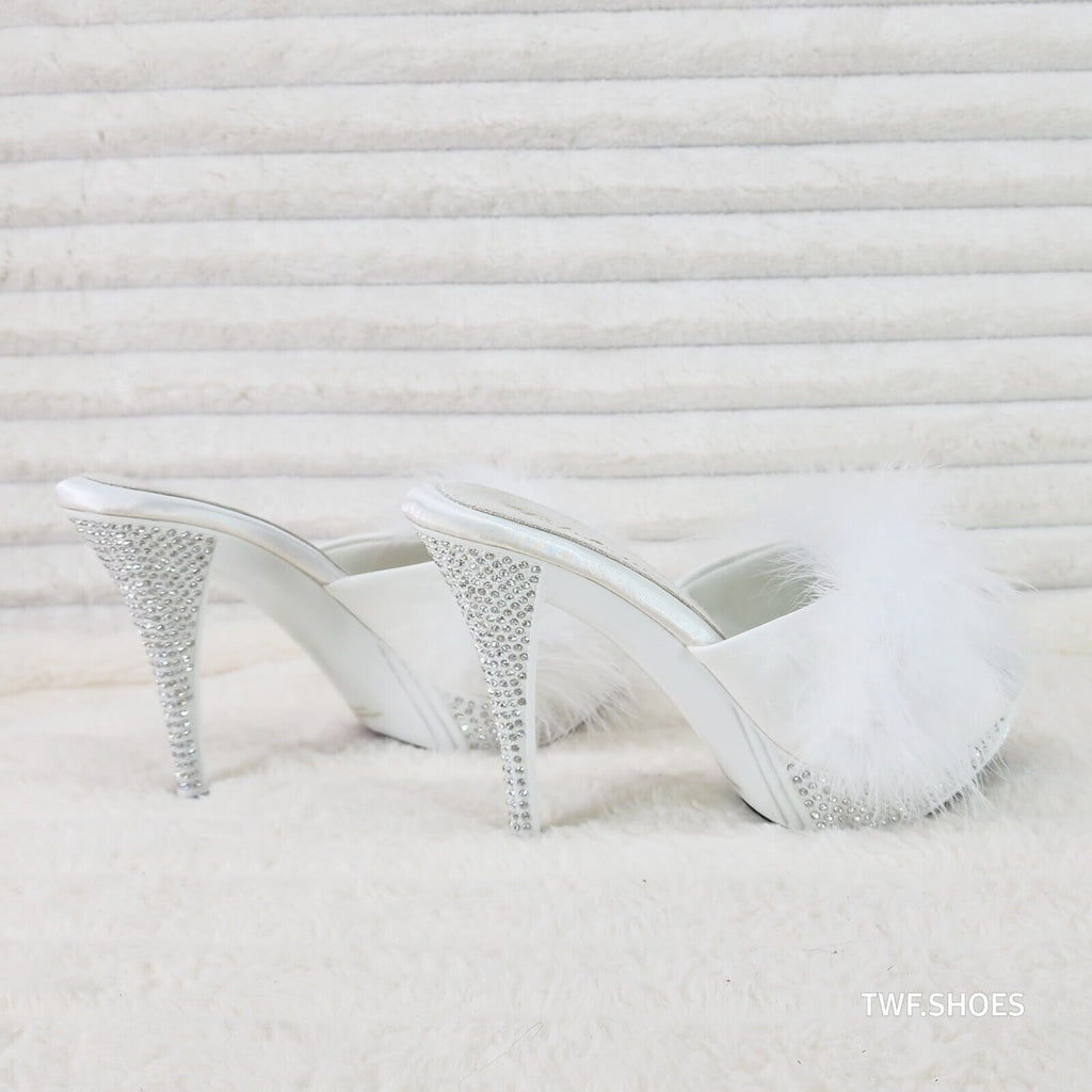Elegance Marabou Feather Slip On Platform Sandals 5" Stiletto Heel Shoes White - Totally Wicked Footwear