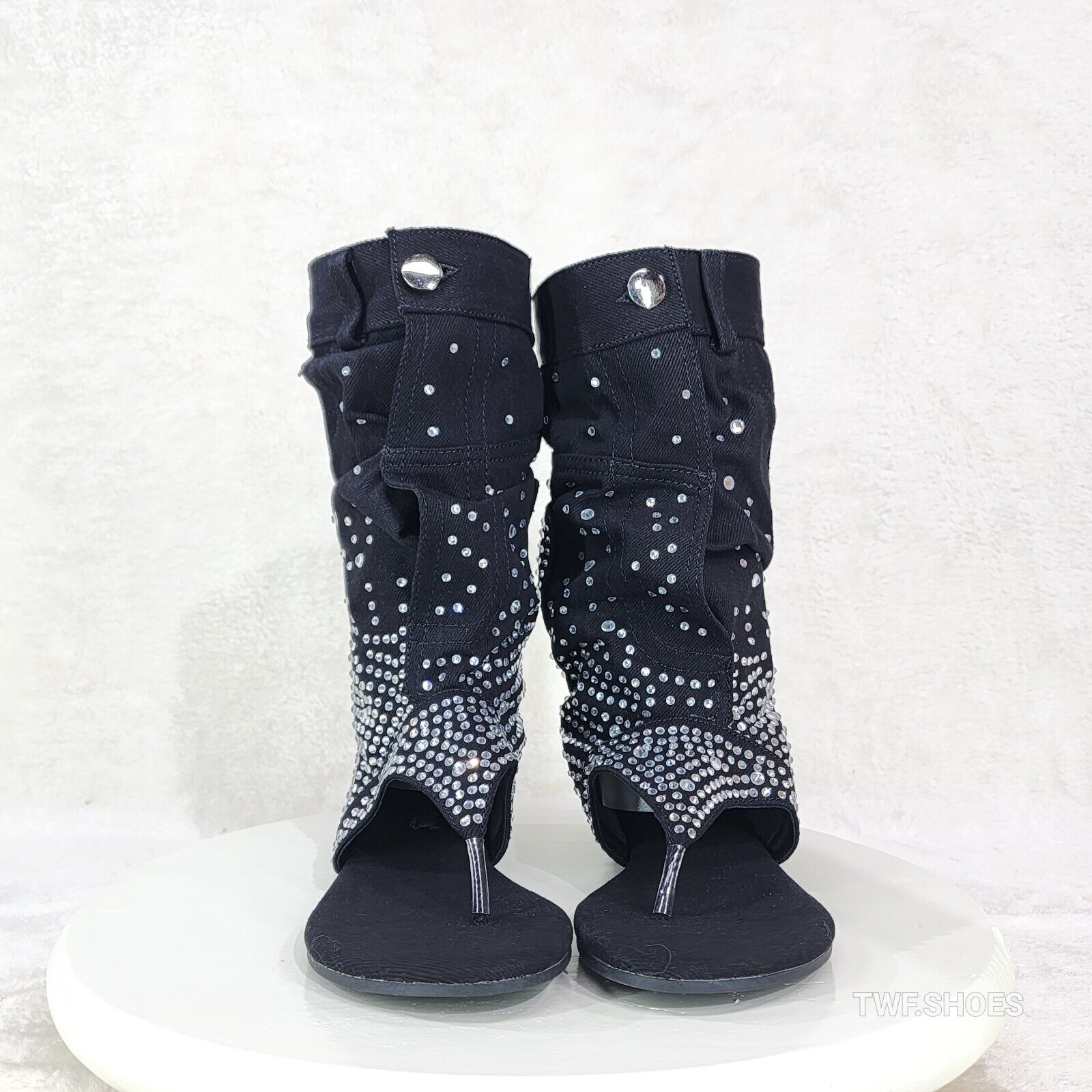 Perplex Black Denim & Rhinestones Sandal Slouch Boots Shooties - Totally Wicked Footwear