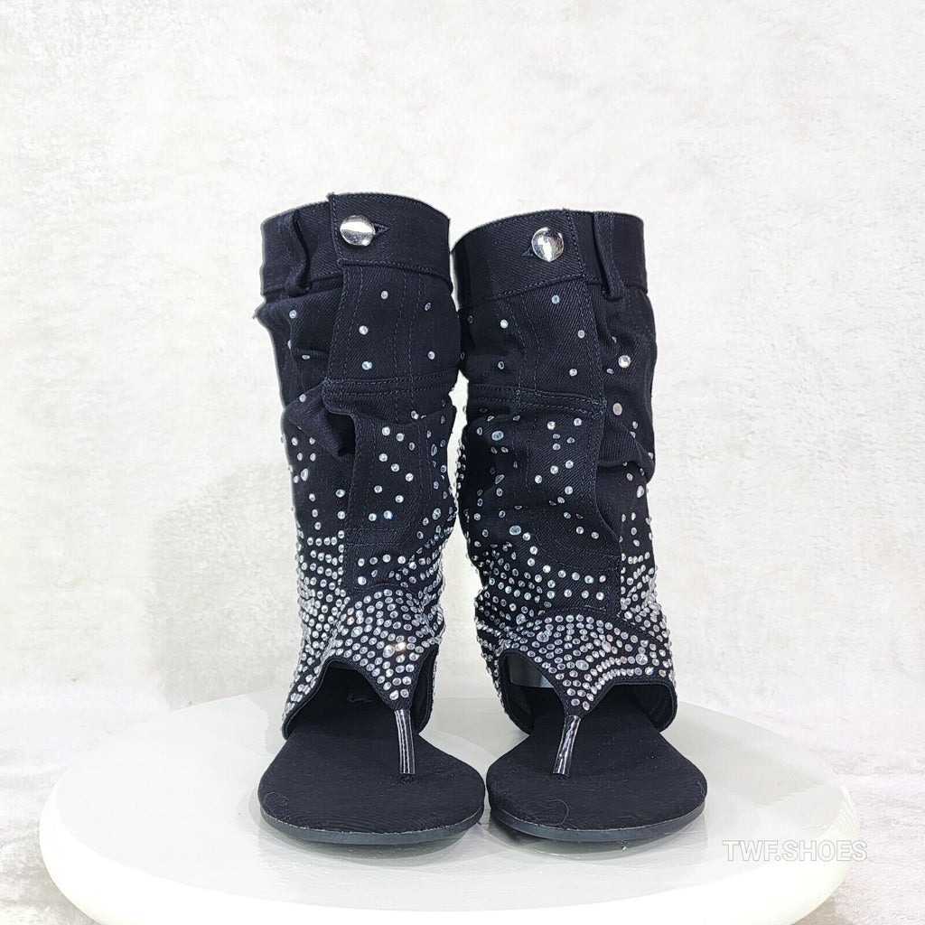 Perplex Black Denim & Rhinestones Sandal Slouch Boots Shooties