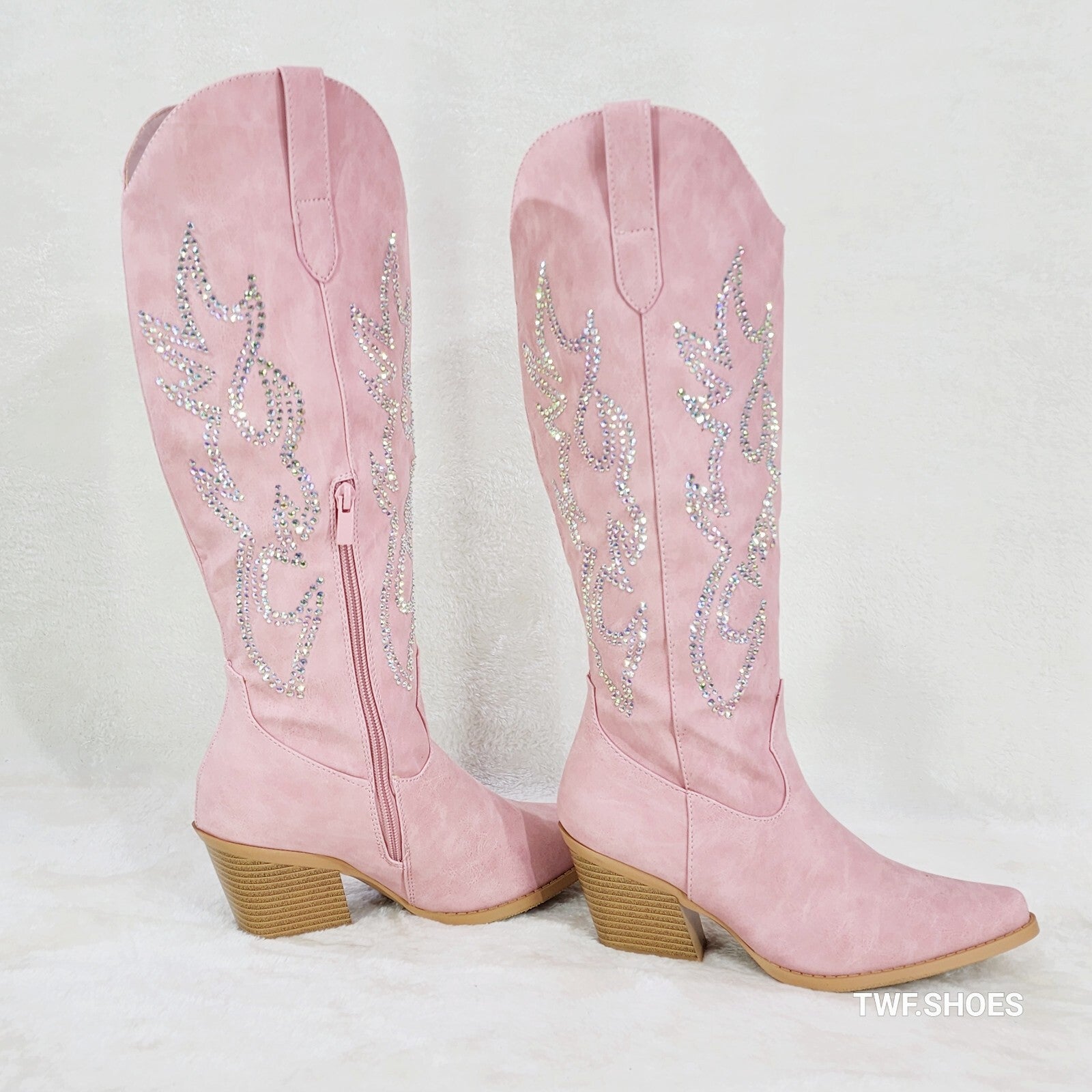 Ann Pink Leatherette With Rhinestones Country Glam Western Cowgirl Knee Boots