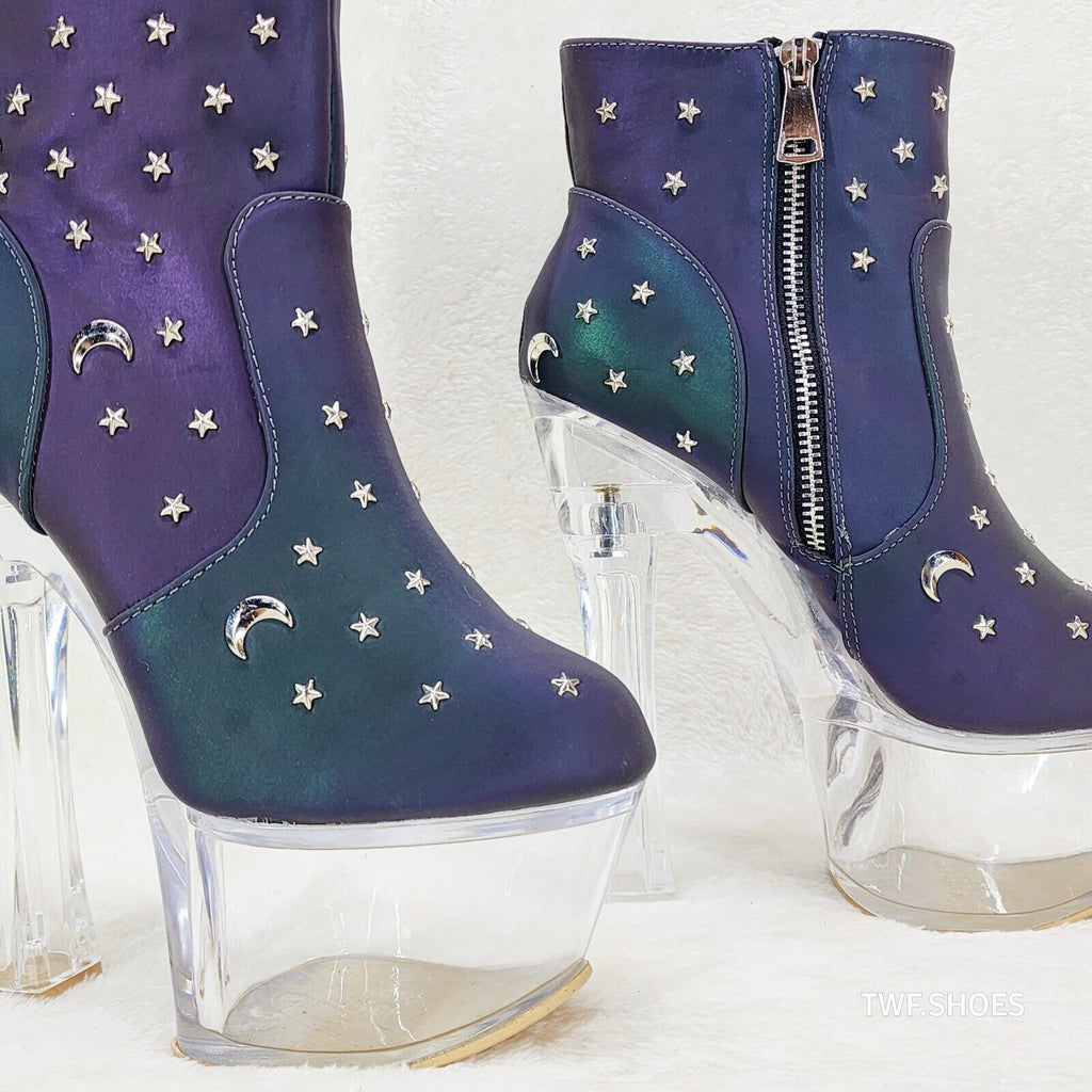 Ocho Purple Multi Reflective Ankle Boots Clear Platform & Chunky Heels Moon Star - Totally Wicked Footwear